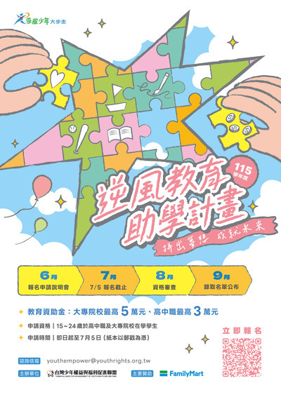 社團法人台灣少年權益與福利促進聯盟「115學年度逆風少年教育助學計劃」海報(另開新視窗/jpg檔)圖片